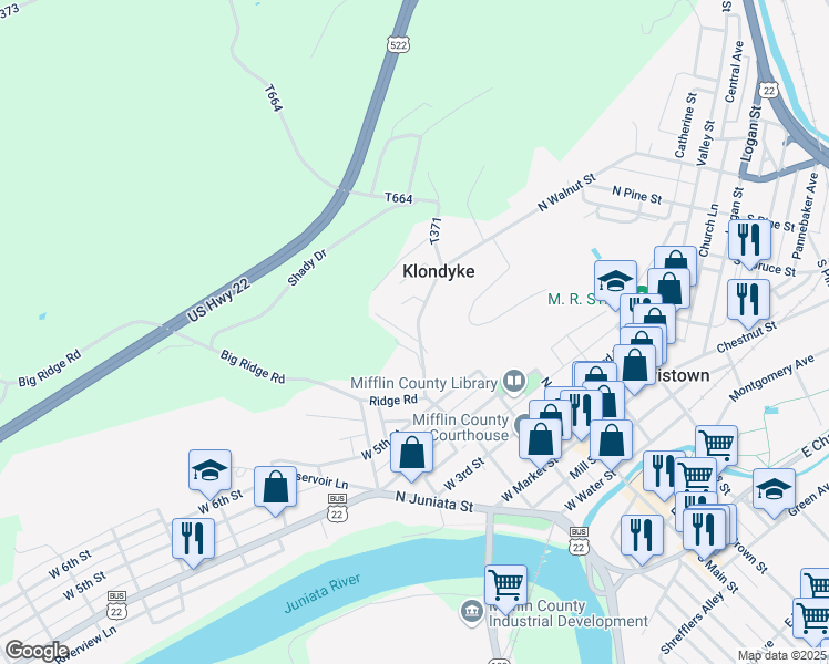 map of restaurants, bars, coffee shops, grocery stores, and more near Henderson Street in Lewistown