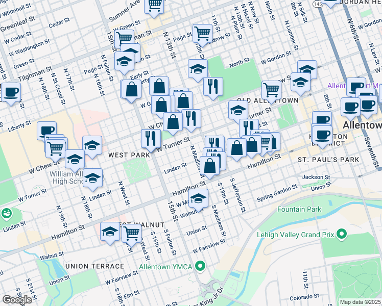map of restaurants, bars, coffee shops, grocery stores, and more near 118 North Madison Street in Allentown