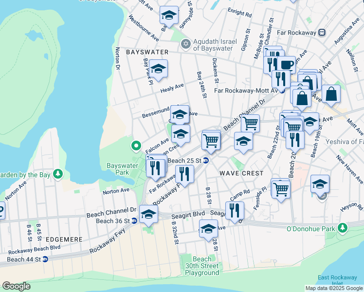 map of restaurants, bars, coffee shops, grocery stores, and more near 25-35A Ocean Crest Boulevard in Queens