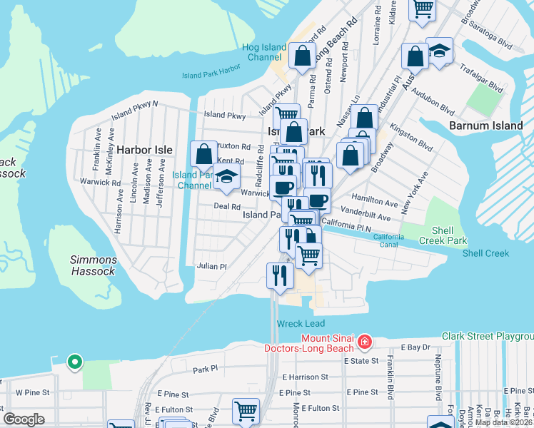 map of restaurants, bars, coffee shops, grocery stores, and more near 95 Radcliffe Road in Island Park