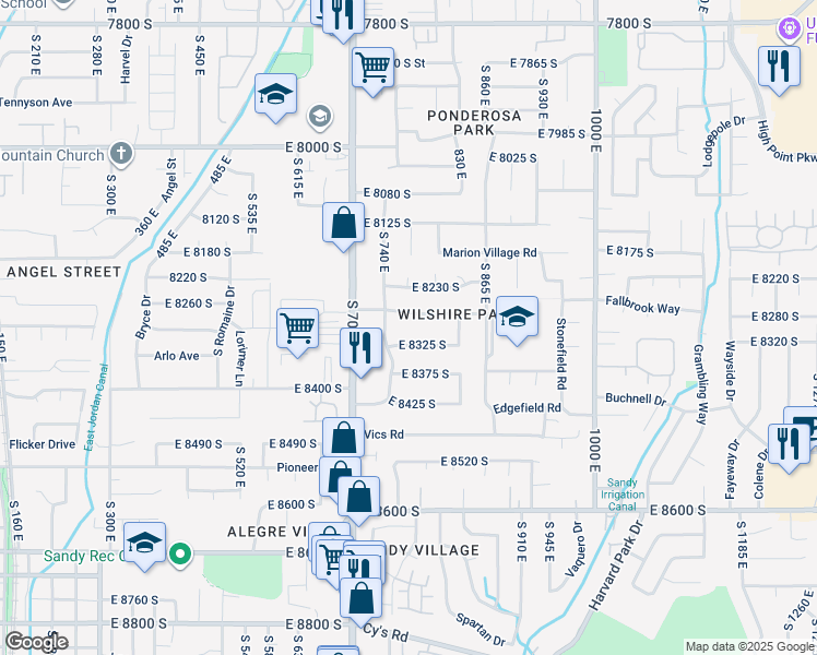 map of restaurants, bars, coffee shops, grocery stores, and more near 772 East 8270 South in Sandy