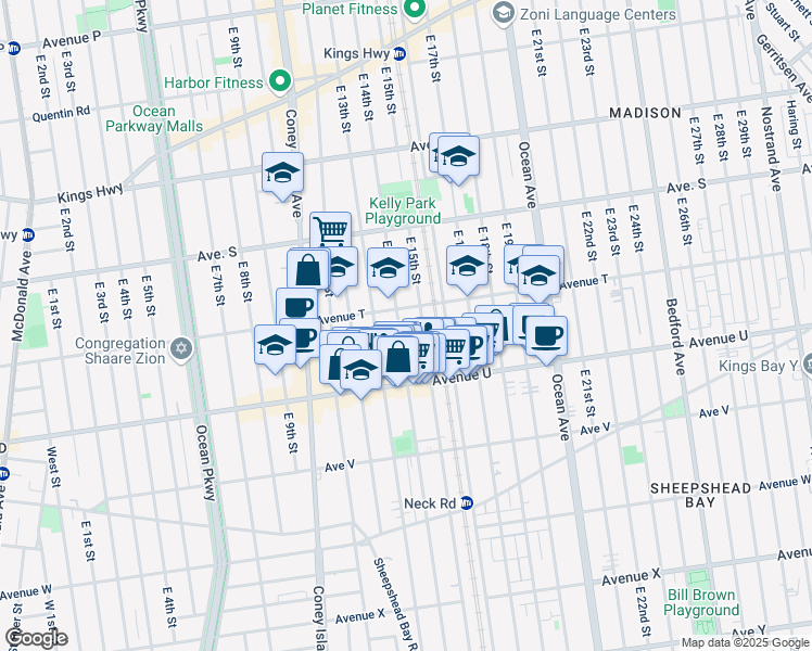 map of restaurants, bars, coffee shops, grocery stores, and more near 2019 East 14th Street in Brooklyn
