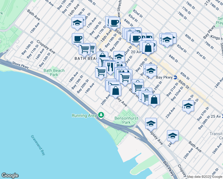map of restaurants, bars, coffee shops, grocery stores, and more near 8800 20th Avenue in Brooklyn