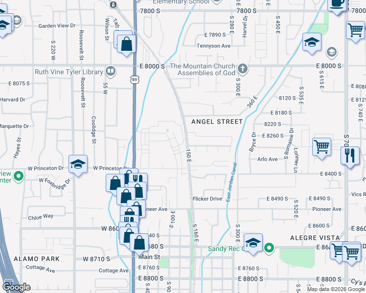map of restaurants, bars, coffee shops, grocery stores, and more near 138 East Chambord Court in Sandy