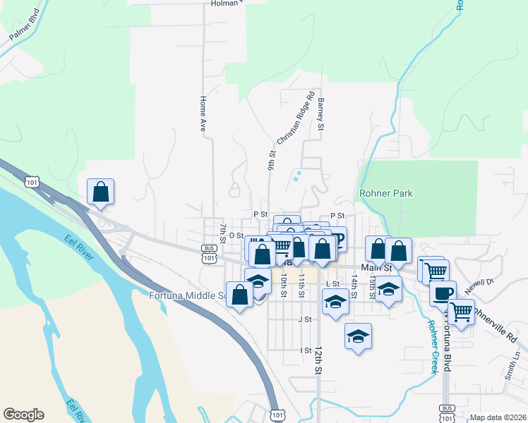 map of restaurants, bars, coffee shops, grocery stores, and more near 1010 9th Street in Fortuna