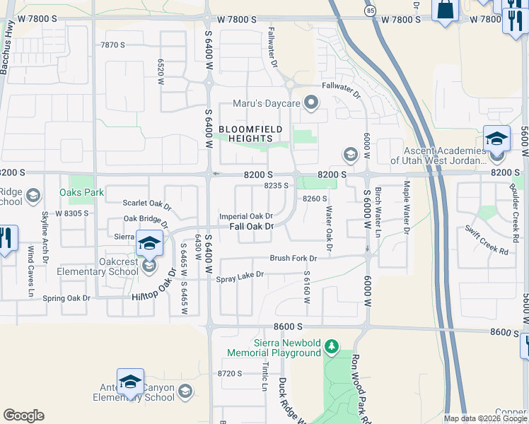 map of restaurants, bars, coffee shops, grocery stores, and more near 6262 Imperial Oak Drive in West Jordan