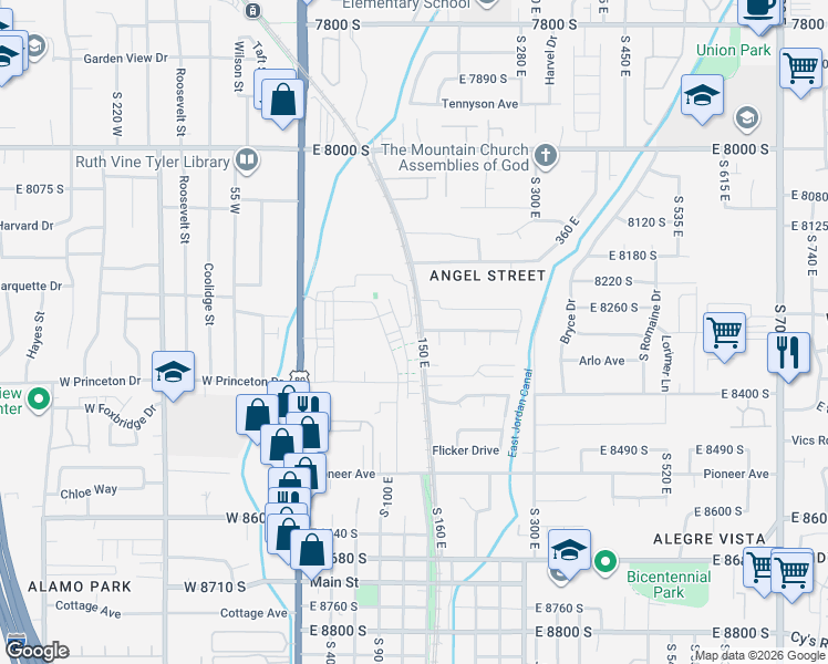 map of restaurants, bars, coffee shops, grocery stores, and more near 144 East Chambord Court in Sandy