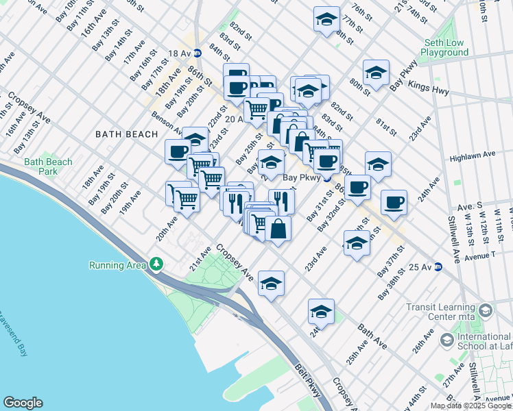 map of restaurants, bars, coffee shops, grocery stores, and more near 120 Bay 28th Street in Brooklyn