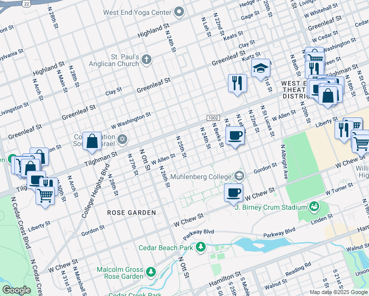 map of restaurants, bars, coffee shops, grocery stores, and more near 605 North 25th Street in Allentown