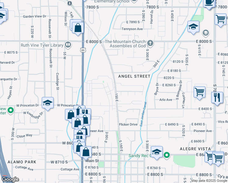 map of restaurants, bars, coffee shops, grocery stores, and more near 144 East Chambord Court in Sandy