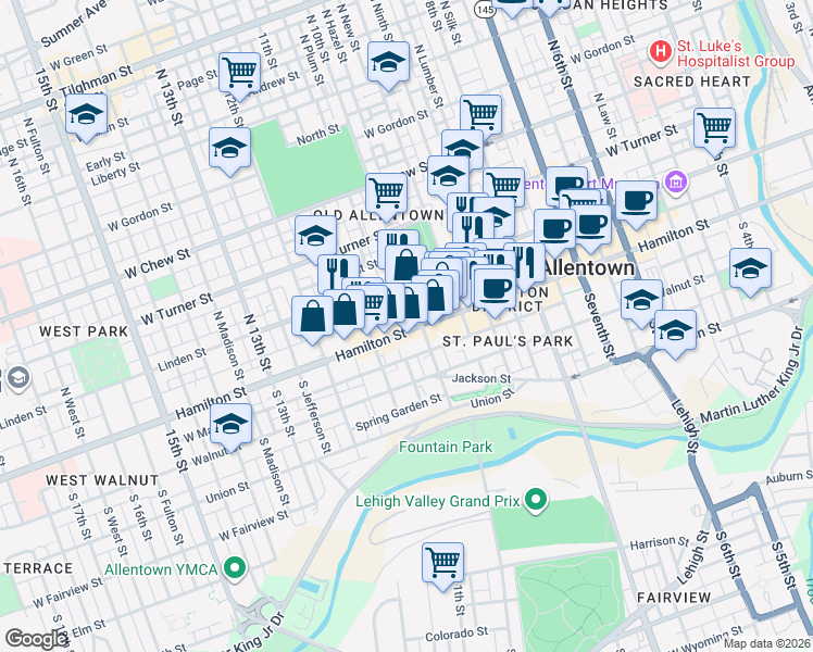 map of restaurants, bars, coffee shops, grocery stores, and more near 1009 Hamilton Street in Allentown