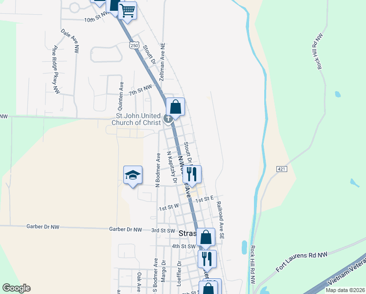 map of restaurants, bars, coffee shops, grocery stores, and more near 339 North Wooster Avenue in Strasburg