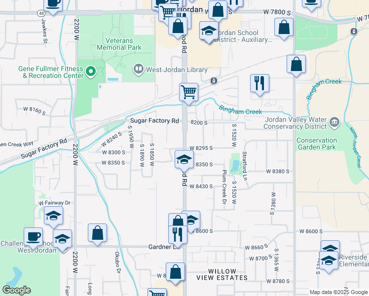 map of restaurants, bars, coffee shops, grocery stores, and more near 1694 West 8300 South in West Jordan