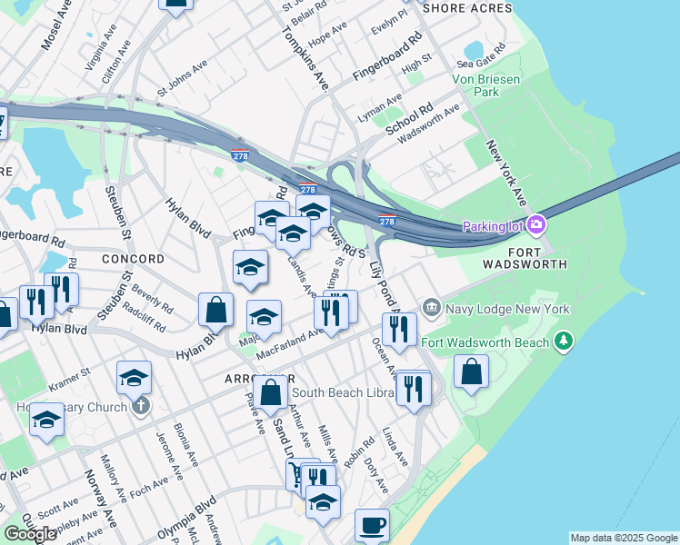 map of restaurants, bars, coffee shops, grocery stores, and more near 29 Hastings Street in Staten Island