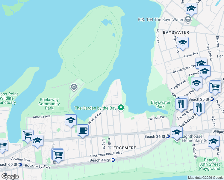 map of restaurants, bars, coffee shops, grocery stores, and more near 5-74 Beach 44th Street in Queens