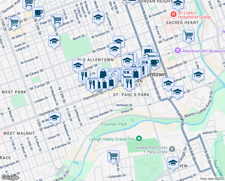 map of restaurants, bars, coffee shops, grocery stores, and more near 950 Hamilton Street in Allentown