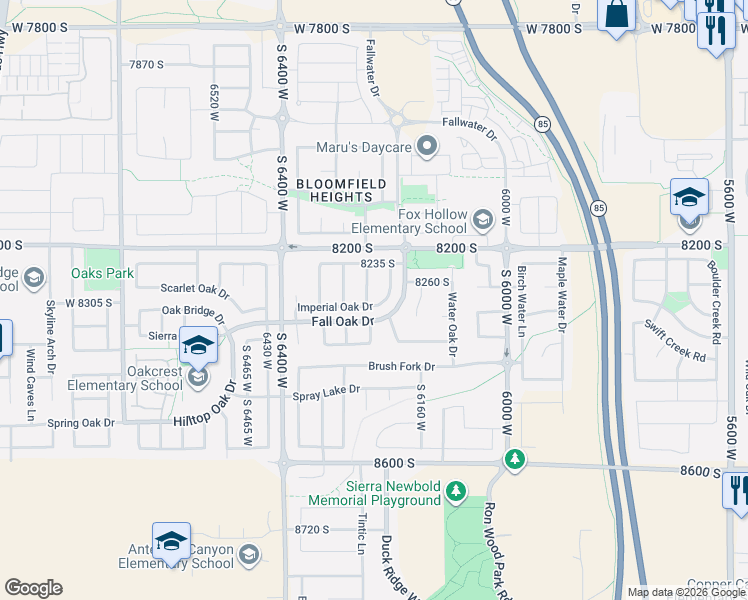 map of restaurants, bars, coffee shops, grocery stores, and more near 6238 Imperial Oak Drive in West Jordan