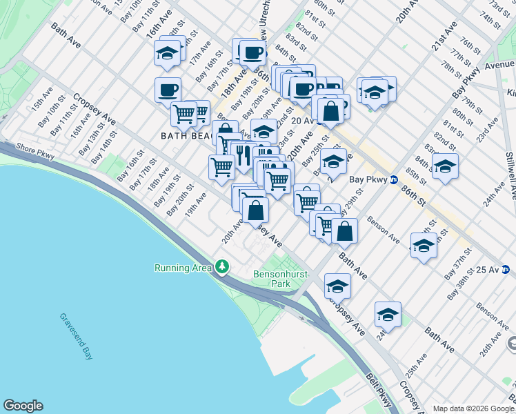 map of restaurants, bars, coffee shops, grocery stores, and more near 8803 20th Avenue in Brooklyn