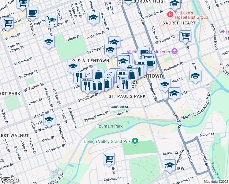 map of restaurants, bars, coffee shops, grocery stores, and more near 948 Hamilton Street in Allentown