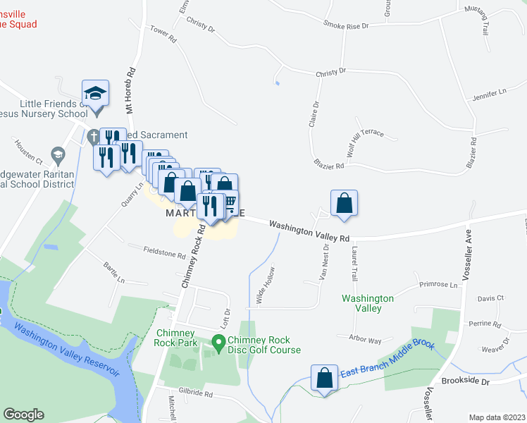 map of restaurants, bars, coffee shops, grocery stores, and more near 2015 Washington Valley Road in Bridgewater Township