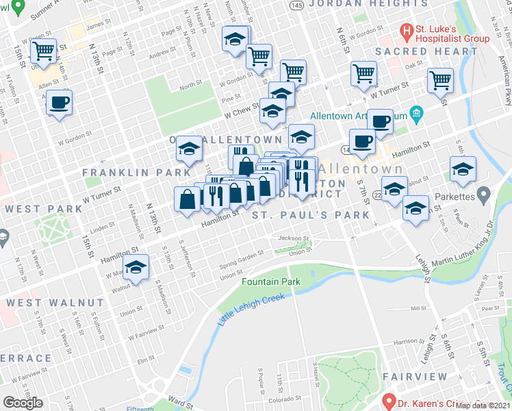 map of restaurants, bars, coffee shops, grocery stores, and more near Hamilton St & S 10th St in Allentown