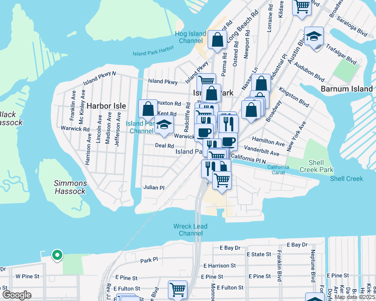 map of restaurants, bars, coffee shops, grocery stores, and more near 95 Radcliffe Road in Island Park