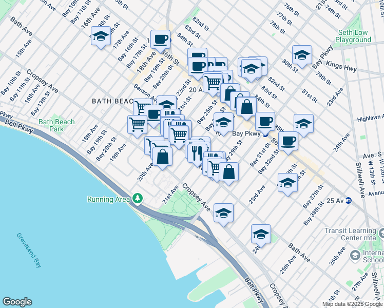map of restaurants, bars, coffee shops, grocery stores, and more near 2061 Bath Avenue in Brooklyn