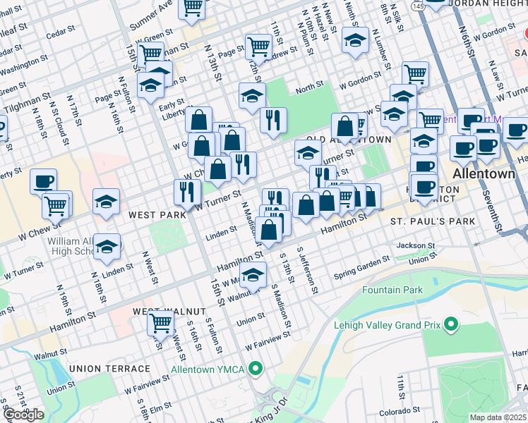 map of restaurants, bars, coffee shops, grocery stores, and more near 108 North 13th Street in Allentown