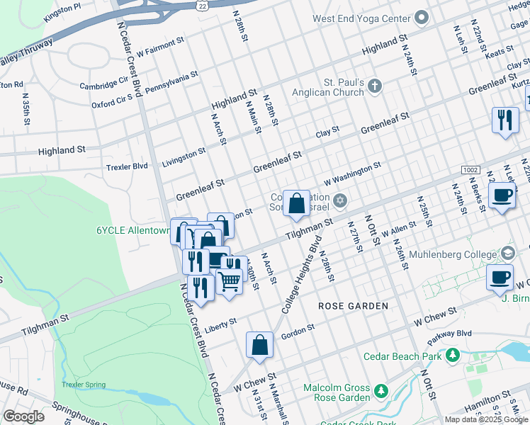 map of restaurants, bars, coffee shops, grocery stores, and more near 2922 West Washington Street in Allentown