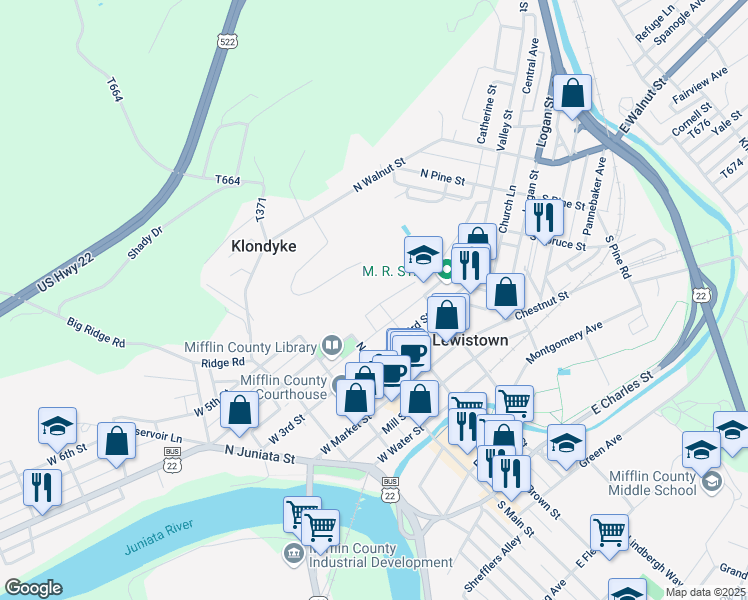 map of restaurants, bars, coffee shops, grocery stores, and more near 63 Academy Hill in Lewistown