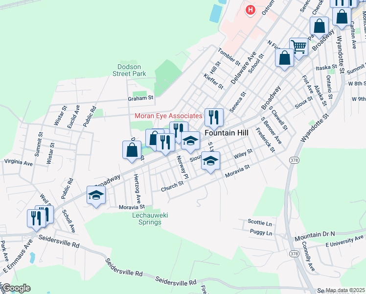 map of restaurants, bars, coffee shops, grocery stores, and more near 1303 Broadway in Fountain Hill