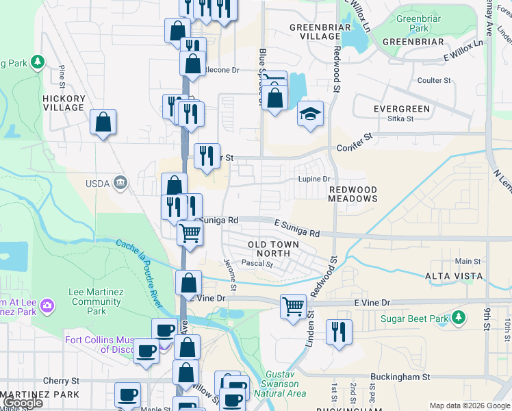 map of restaurants, bars, coffee shops, grocery stores, and more near 1021 Blue Spruce Drive in Fort Collins