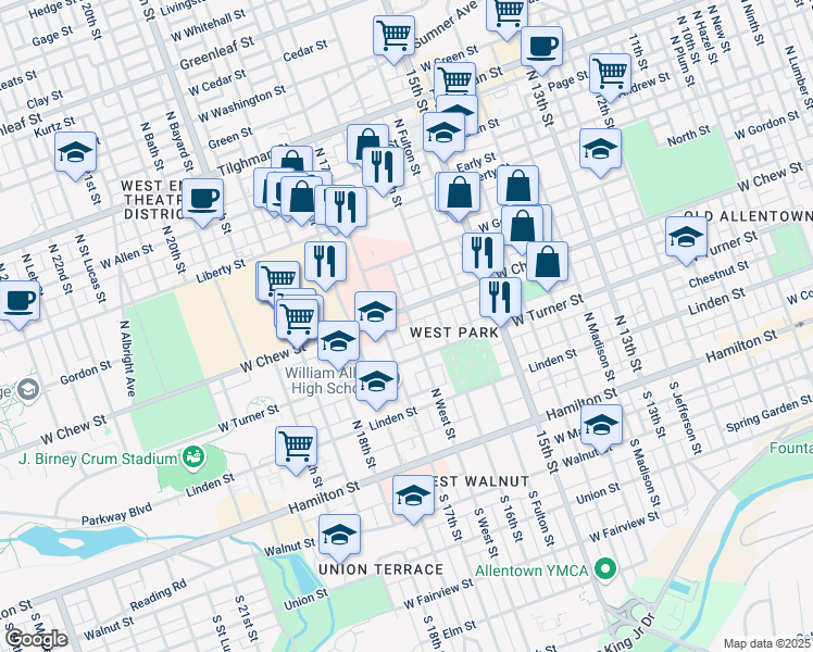 map of restaurants, bars, coffee shops, grocery stores, and more near 238 North West Street in Allentown