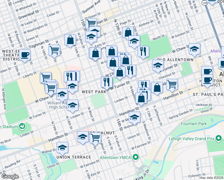 map of restaurants, bars, coffee shops, grocery stores, and more near 137 North 15th Street in Allentown