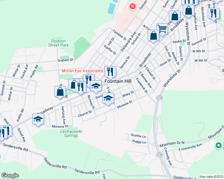 map of restaurants, bars, coffee shops, grocery stores, and more near 1217 Sioux Street in Fountain Hill