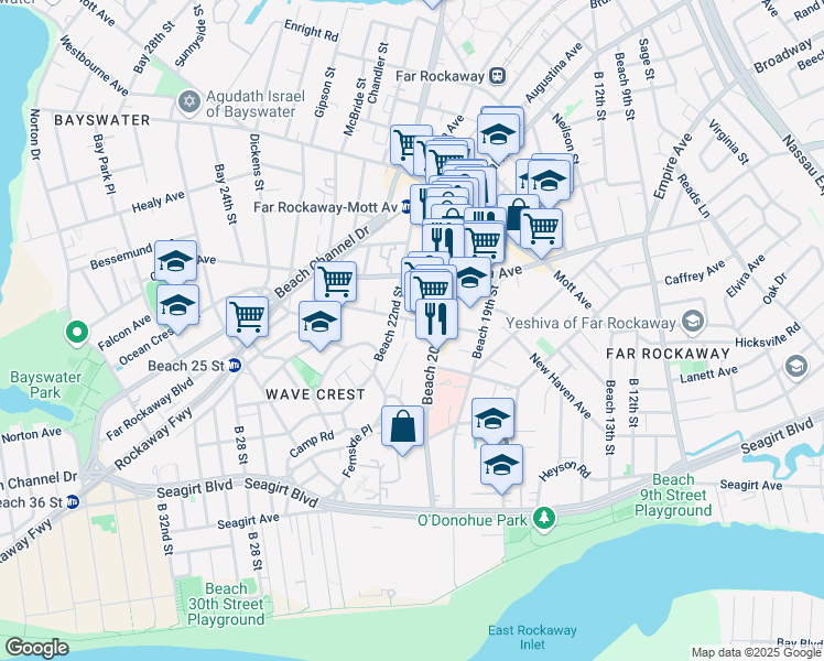 map of restaurants, bars, coffee shops, grocery stores, and more near 536 Beach 21st Street in Queens