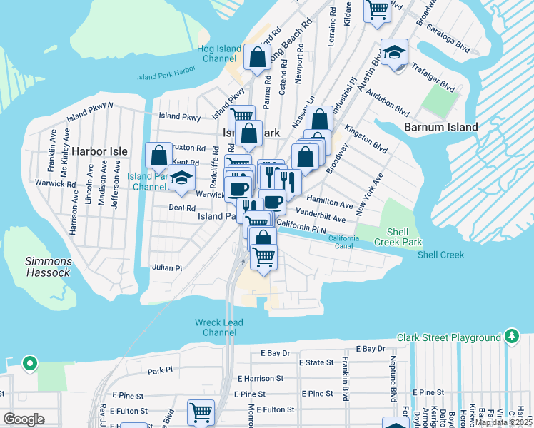 map of restaurants, bars, coffee shops, grocery stores, and more near 10 California Place North in Island Park