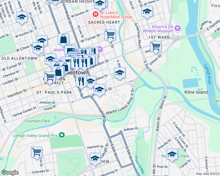 map of restaurants, bars, coffee shops, grocery stores, and more near 147 South 5th Street in Allentown