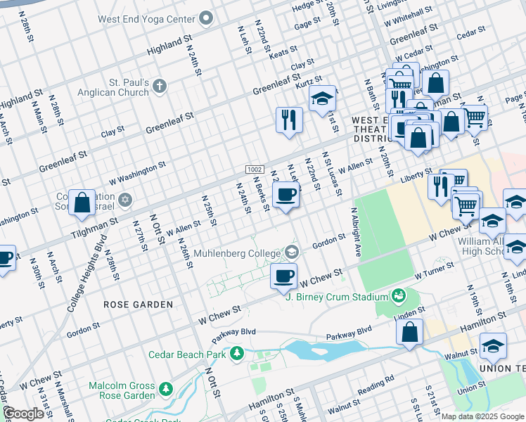 map of restaurants, bars, coffee shops, grocery stores, and more near 528 North Berks Street in Allentown