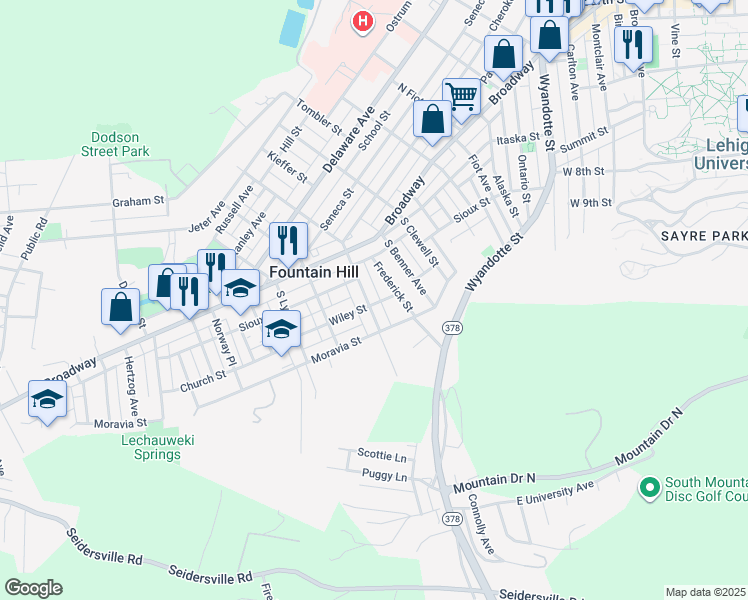 map of restaurants, bars, coffee shops, grocery stores, and more near 622 South Hoffert Street in Fountain Hill