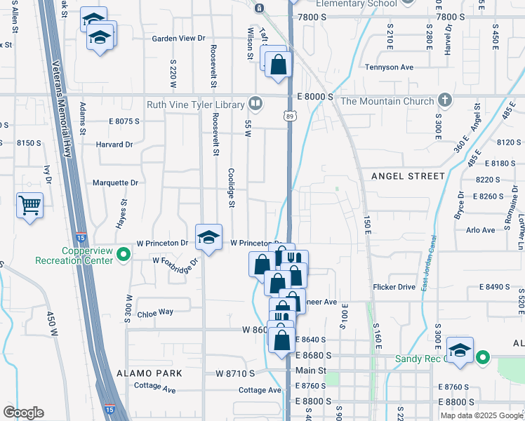 map of restaurants, bars, coffee shops, grocery stores, and more near 8288 Wilson Street in Midvale