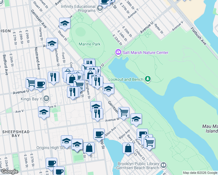 map of restaurants, bars, coffee shops, grocery stores, and more near 3180 Avenue V in Brooklyn