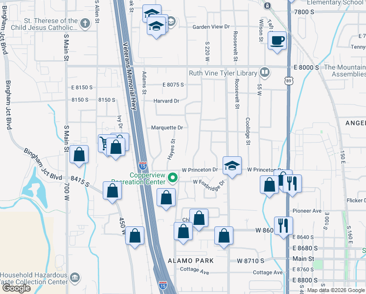 map of restaurants, bars, coffee shops, grocery stores, and more near 8298 Harrison Street in Midvale