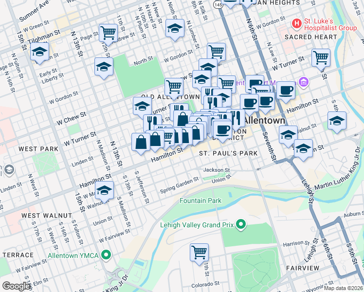 map of restaurants, bars, coffee shops, grocery stores, and more near 1009 Hamilton Street in Allentown