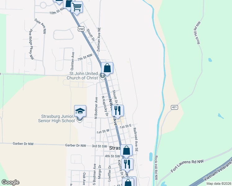 map of restaurants, bars, coffee shops, grocery stores, and more near 339 North Wooster Avenue in Strasburg