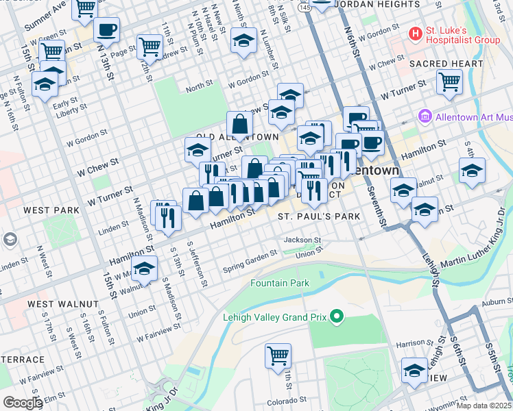 map of restaurants, bars, coffee shops, grocery stores, and more near 1009 Hamilton Street in Allentown