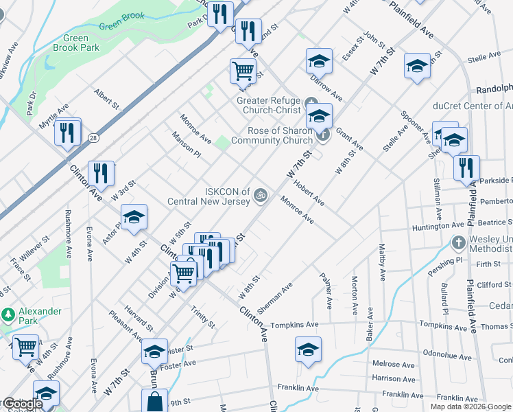 map of restaurants, bars, coffee shops, grocery stores, and more near 1020 West 7th Street in Plainfield