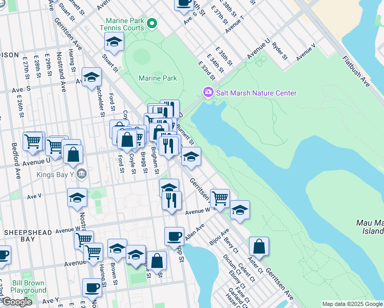 map of restaurants, bars, coffee shops, grocery stores, and more near 3180 Avenue V in Brooklyn