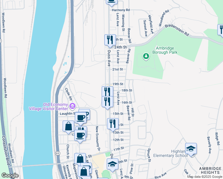 map of restaurants, bars, coffee shops, grocery stores, and more near 1800 Duss Avenue in Ambridge