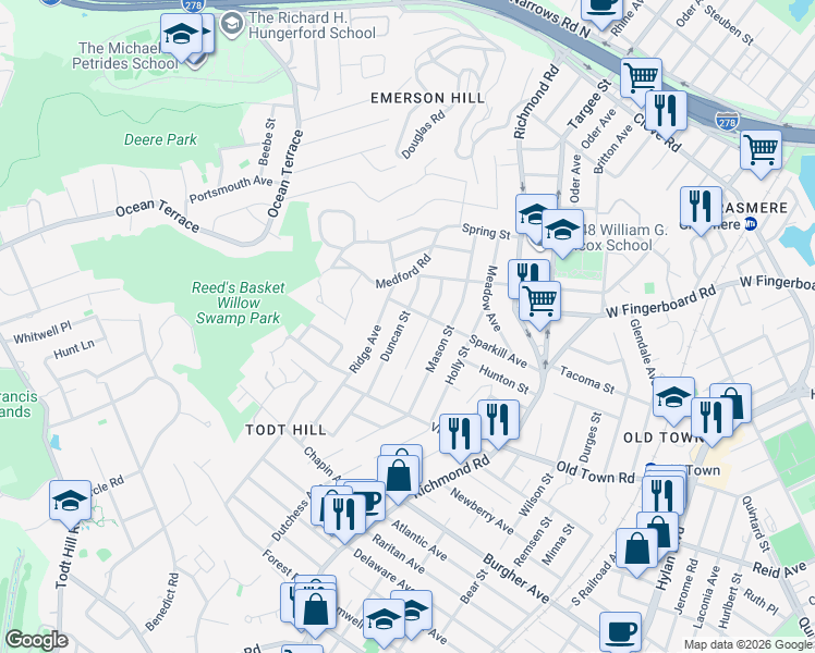 map of restaurants, bars, coffee shops, grocery stores, and more near 53 Duncan Street in Staten Island